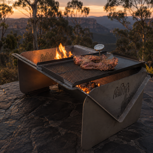 Wild Ember fire pit and grill overlooking the Blue Mountains at sunset